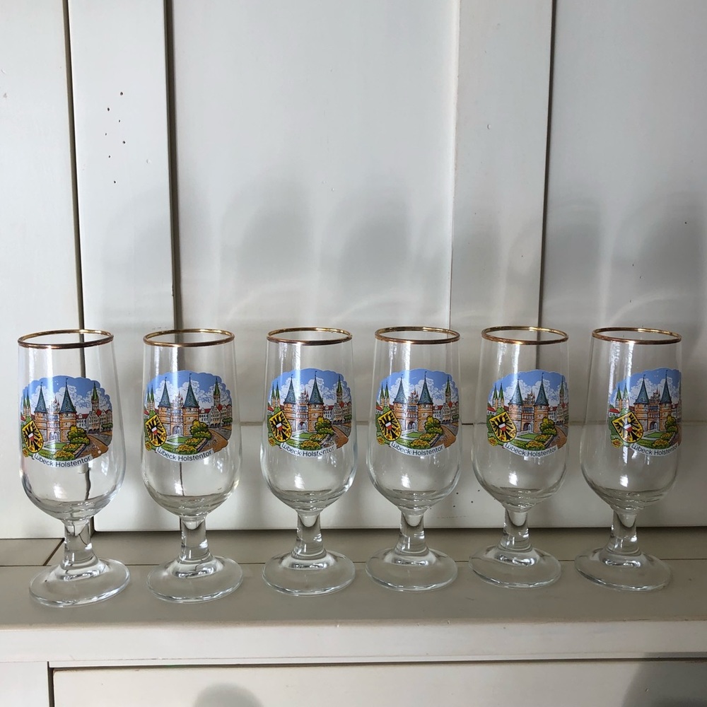 Gold Rimmed Stemmed Glassware Lubeck Holstentor Germany Set of 6